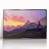 Mid-century modernist art depicting a serene Nepalese landscape in muted earth tones on a silver-framed acrylic print.