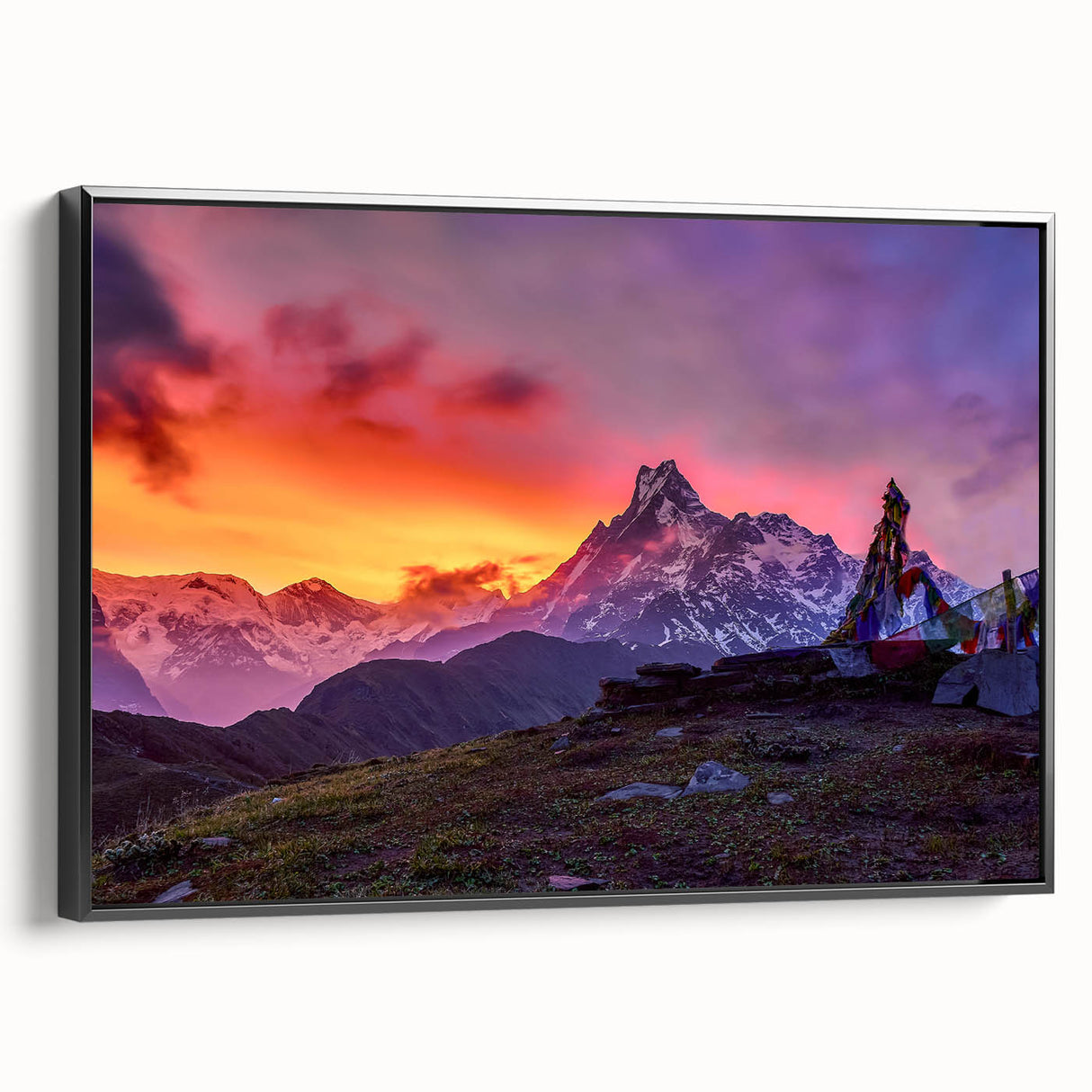 Black and white framed canvas of a Nepalese landscape, ideal for bedroom wall decor.