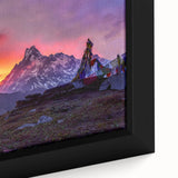Extra large framed canvas of a textured, colorful Nepalese landscape on a black background, ideal for living room decor.