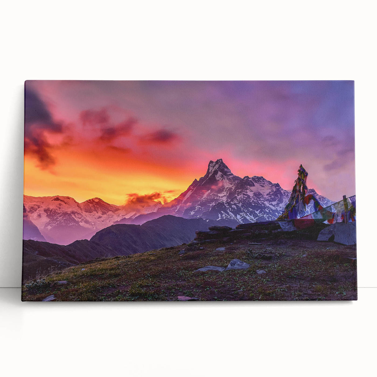 Black and white large art print of a scenic Nepalese landscape on stretched canvas, ideal for kitchen wall art or bedroom.
