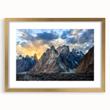 Extra large abstract art print of a textured scenery in Pakistan, with muted earth tones, framed in gold.