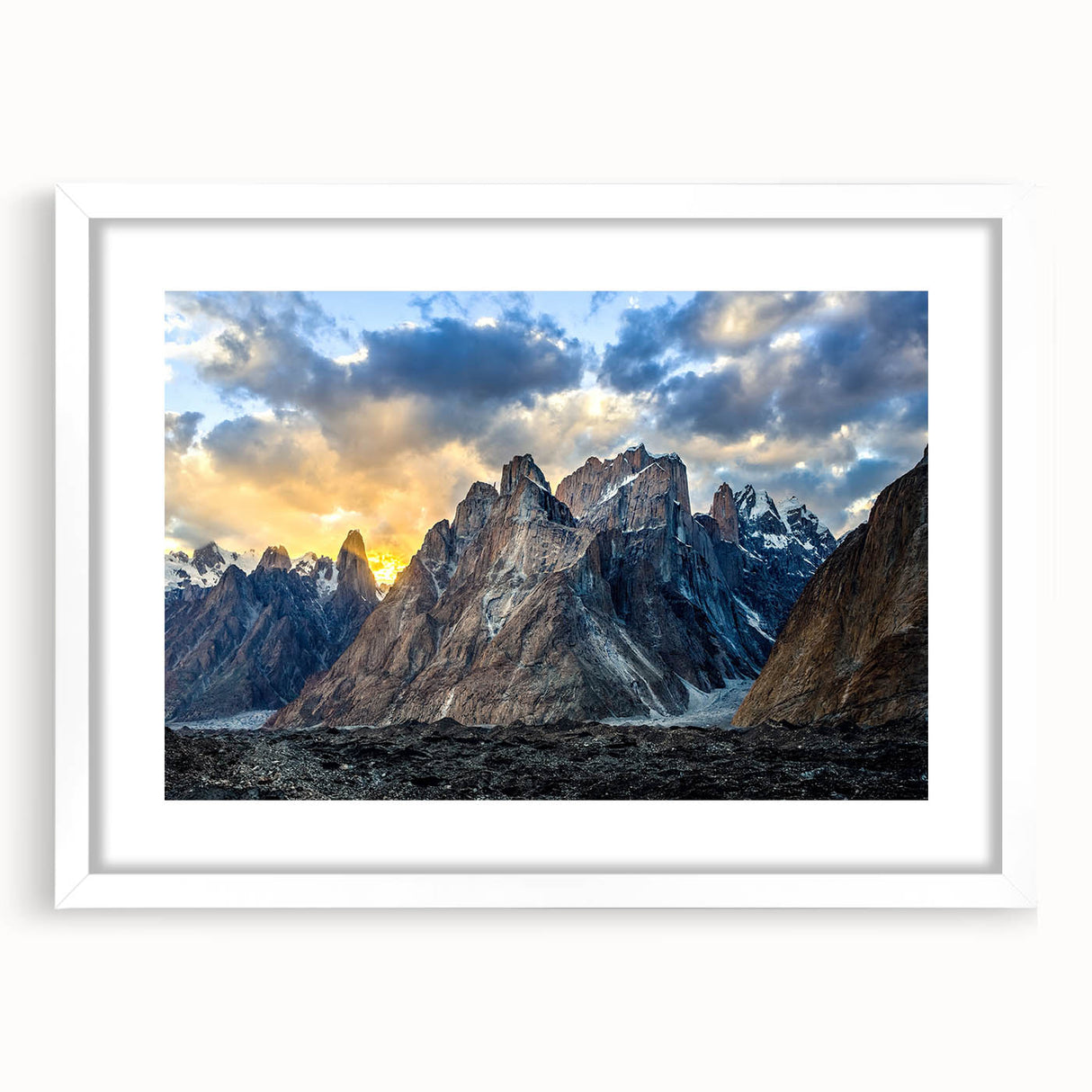 Abstract art print of a cascading mountain scene in cool blue and white tones, framed with a white mat.