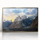 Large art print of a Pakistani landscape, framed in gold acrylic, featuring mid-century modernist style.