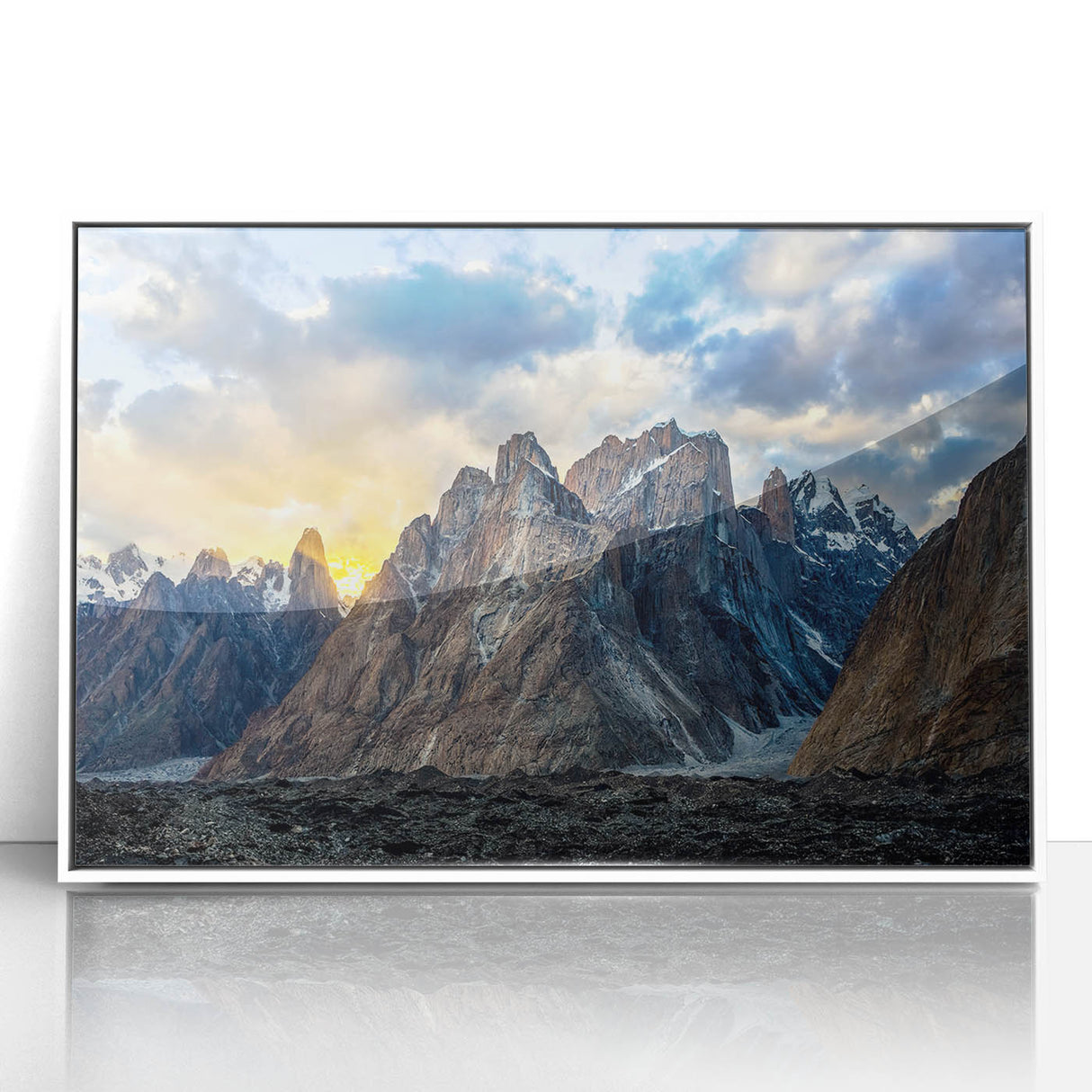 Acrylic print of a serene Pakistani landscape in muted green and blue tones, framed in white.