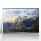 Acrylic print of a serene Pakistani landscape in muted green and blue tones, framed in white.