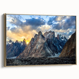 Framed canvas featuring a vintage-style landscape painting of a Pakistani scenery in muted gold and black tones.
