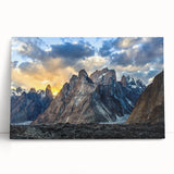 Black and white photograph of a serene Pakistani landscape on stretched canvas.