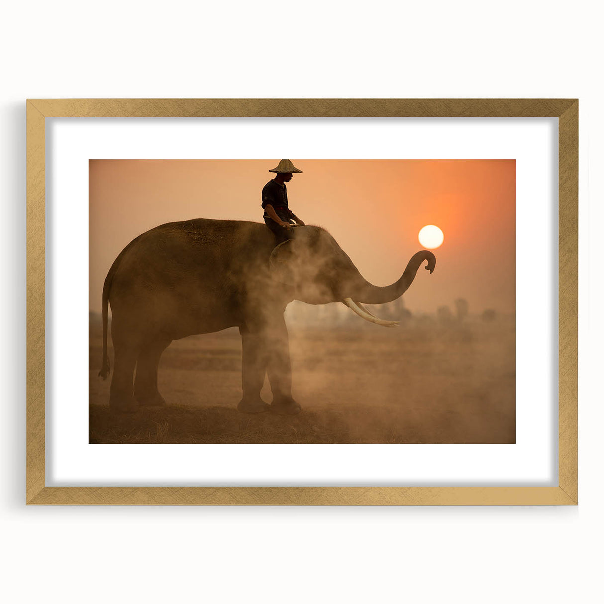 Extra large abstract art print depicting a textured scenery of Sri Lanka, in gold frame, suited for living room decor.