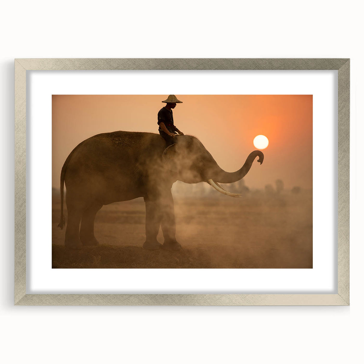 Textured abstract art print of a Sri Lankan landscape in muted earth tones on a framed silver mat.