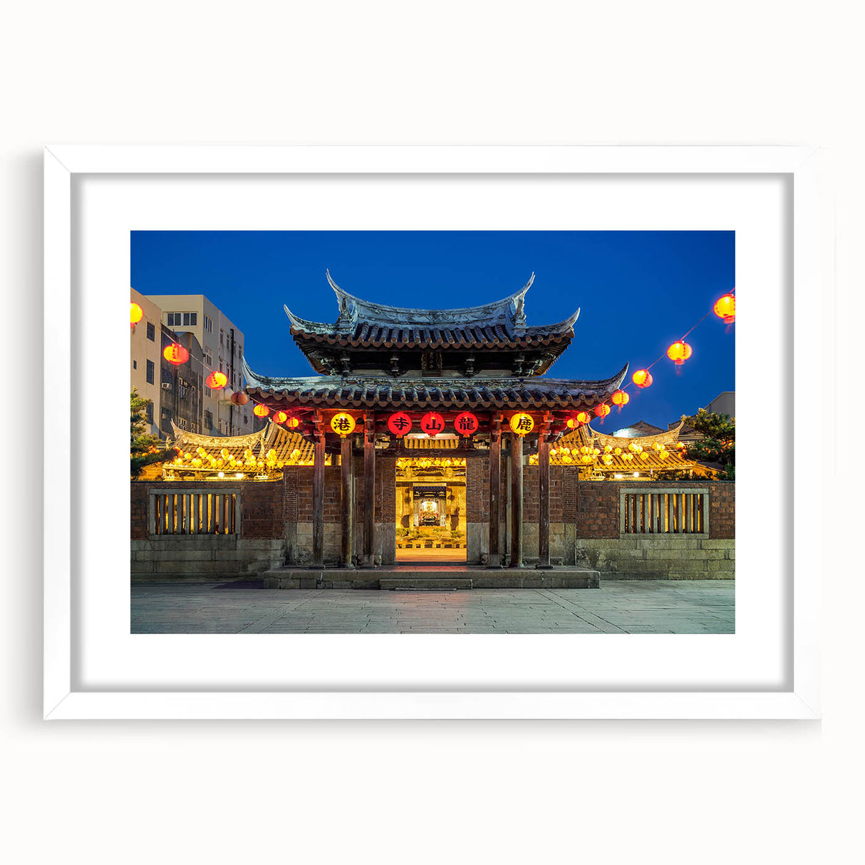 Abstract art print of a serene Taiwanese landscape in muted greens and blues, framed with a white mat.