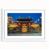 Abstract art print of a serene Taiwanese landscape in muted greens and blues, framed with a white mat.