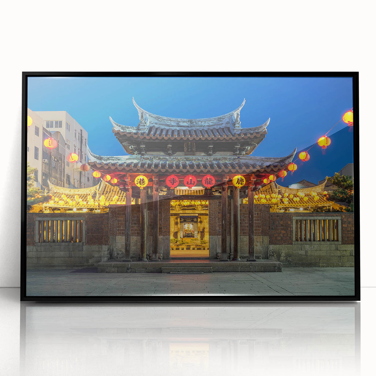 Large abstract wall art featuring a mid-century modernist design of Taiwan scenery in black and white hues, framed acrylic.