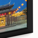 Extra large black wall art featuring a textured, colorful Asian scenery on framed canvas, ideal for living room decor.