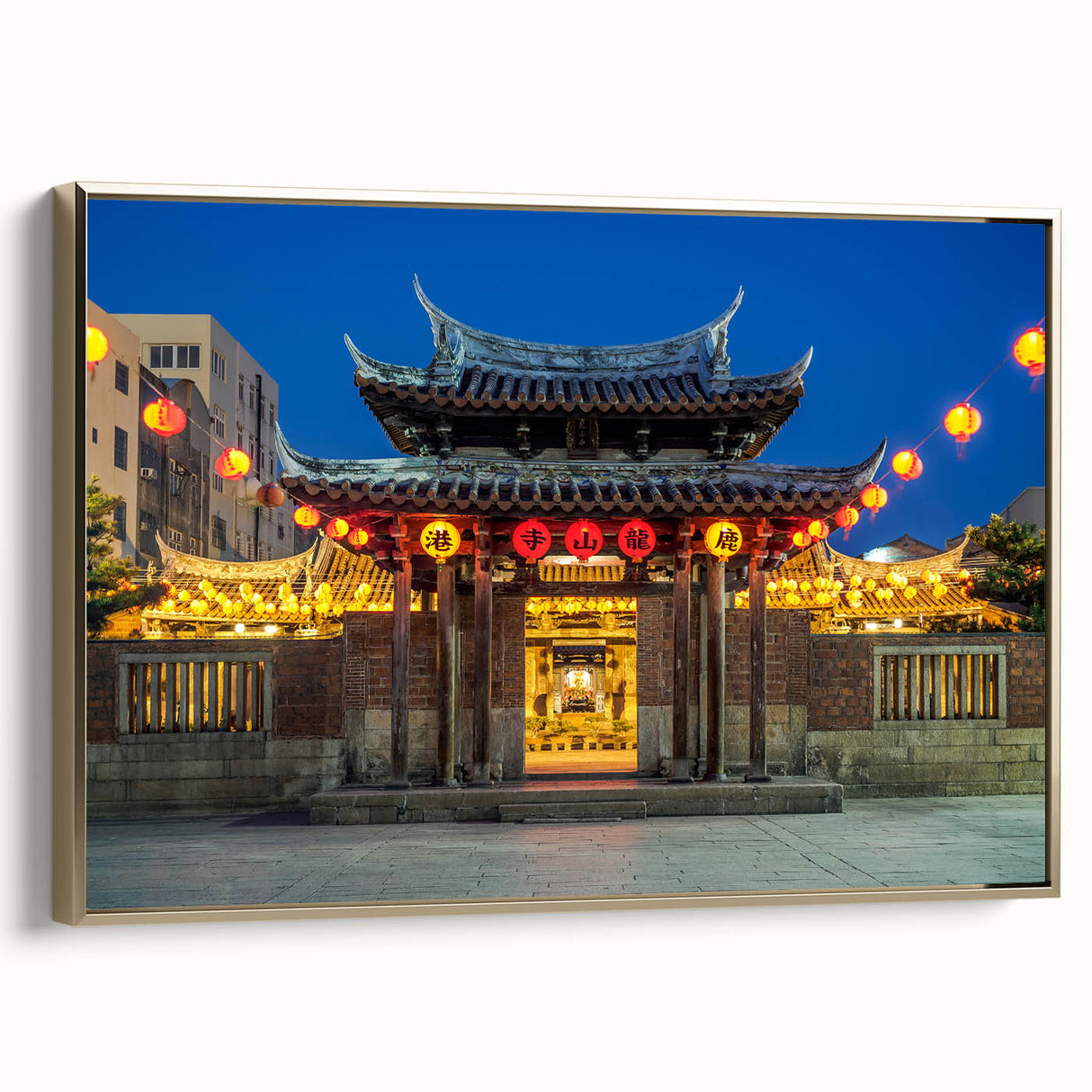 Framed canvas featuring a vintage-style landscape painting of Taiwan's scenery in black and gold tones.