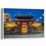 Vintage poster art of a Taiwanese landscape on a framed canvas.