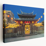 Side view of a stretched canvas featuring a serene Taiwanese landscape in muted green and blue tones.