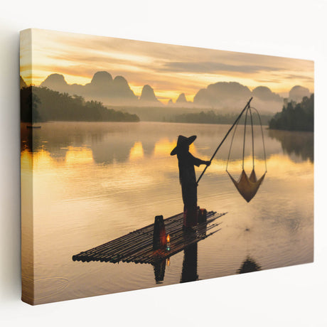 Landscape painting of a serene Thai countryside on stretched canvas, featuring lush greenery and a calm river.