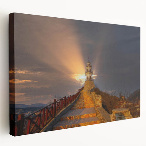 Large stretched canvas featuring a serene Turkish landscape in soft earth tones, ideal for kitchen wall art.