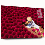 Large abstract acrylic print depicting a serene Vietnamese landscape in muted green and blue tones.