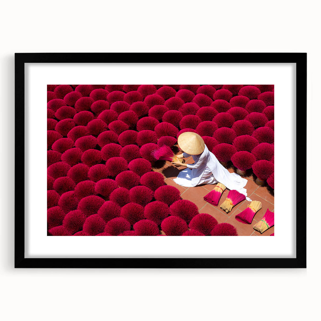 Extra large abstract art print featuring a colorful, textured depiction of a Vietnamese landscape on a black framed canvas.