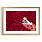 Extra large abstract art print of a textured Vietnamese landscape in muted earth tones, framed in gold.