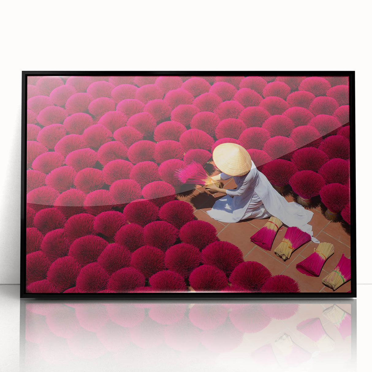 Large abstract wall art depicting a serene Vietnamese landscape in muted green and blue tones, framed in black acrylic.