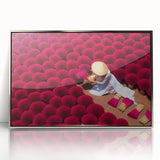 Mid-century modernist art depicting a Vietnamese landscape in muted greens and blues on a framed acrylic print.