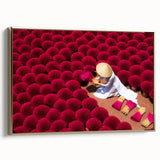 Framed canvas featuring a vintage-style landscape painting of a Vietnamese scenery in muted gold and black tones.