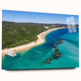 Large abstract wall art of Brisbane scenery in muted blue and green tones on acrylic glass.