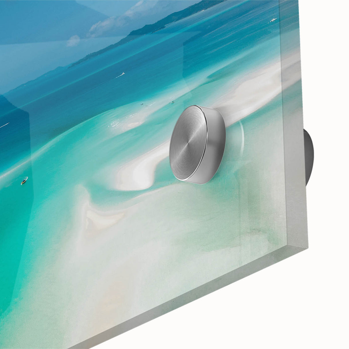 Large abstract depiction of the Great Barrier Reef in vibrant blues and greens on acrylic glass, ideal for dining room art.