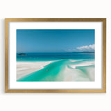 Textured art of the Great Barrier Reef in abstract style, with vibrant blue and green tones on a framed gold mat.