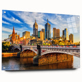 Acrylic print of Melbourne skyline in muted blue tones, ideal for dining room decor.