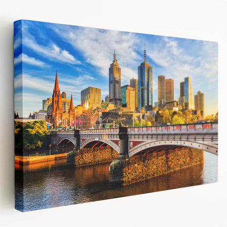 Melbourne skyline depicted in muted blue and gray tones on a large stretched canvas, suitable for kitchen wall art.