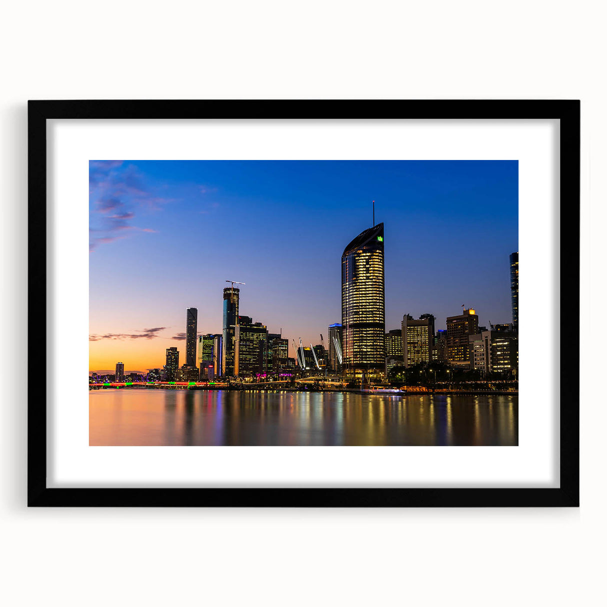 Colorful abstract art print of Queensland scenery on textured canvas, framed in black, ideal for living room decor.