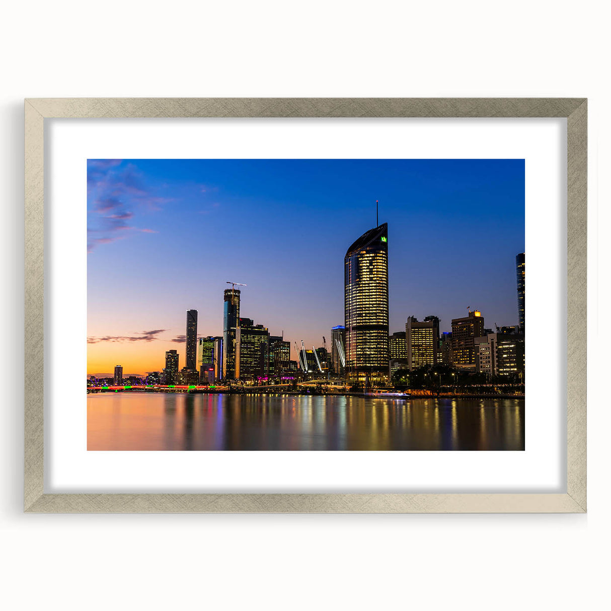Extra large abstract art print depicting a textured Queensland scenery in muted earth tones, framed with a silver mat.