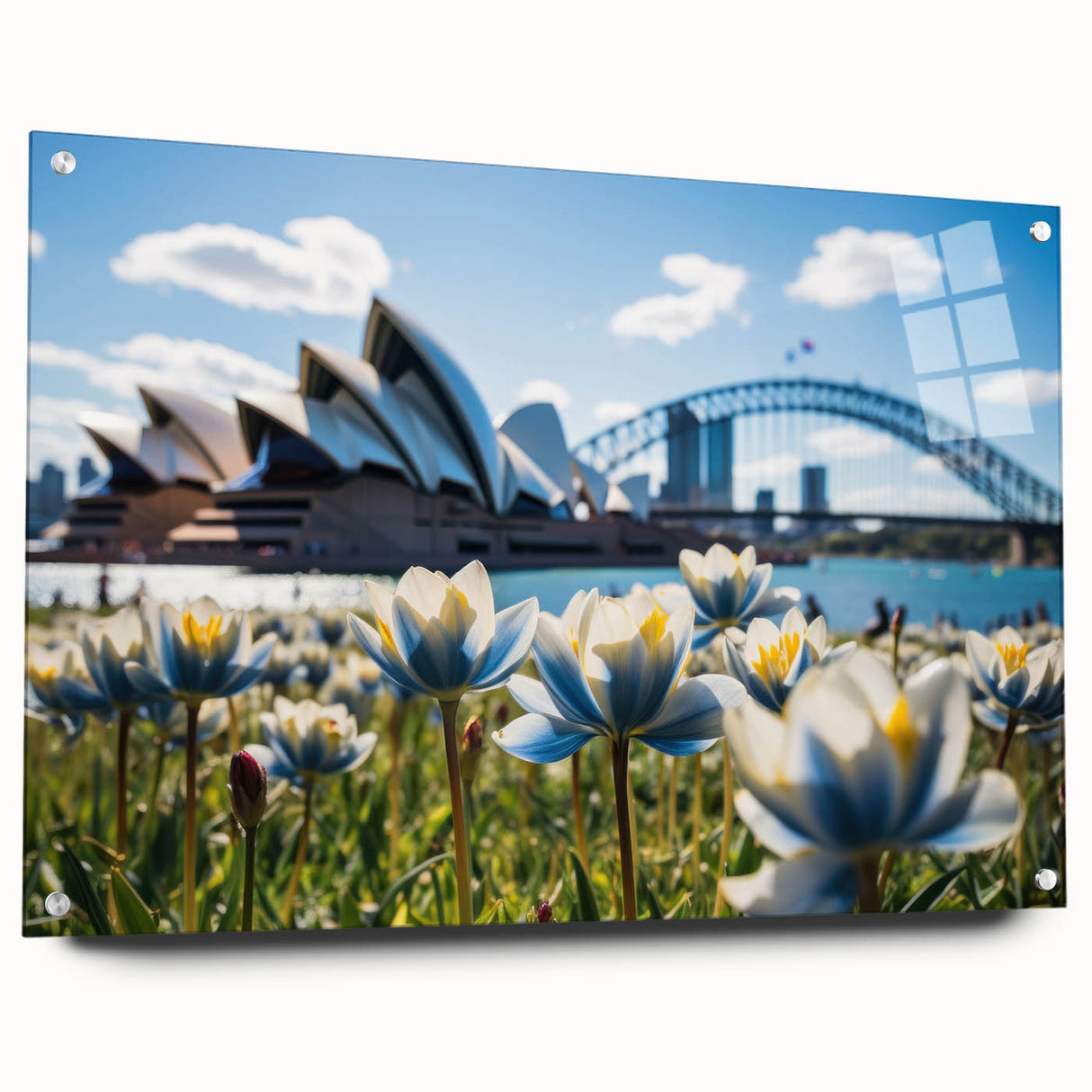 Large abstract depiction of Sydney skyline in muted blue and gray tones on acrylic glass.