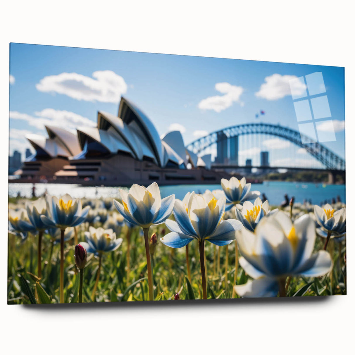 Large abstract wall art of Sydney skyline in muted blue and gray tones on acrylic glass.