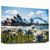 Large abstract wall art of Sydney skyline in muted blue and gray tones on acrylic glass.