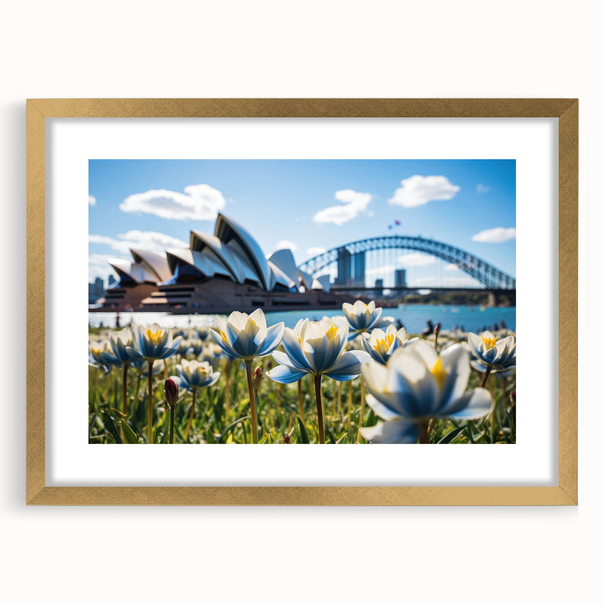 Abstract art print of Sydney skyline in muted gold and blue tones on a framed canvas, suitable for dining room decor.