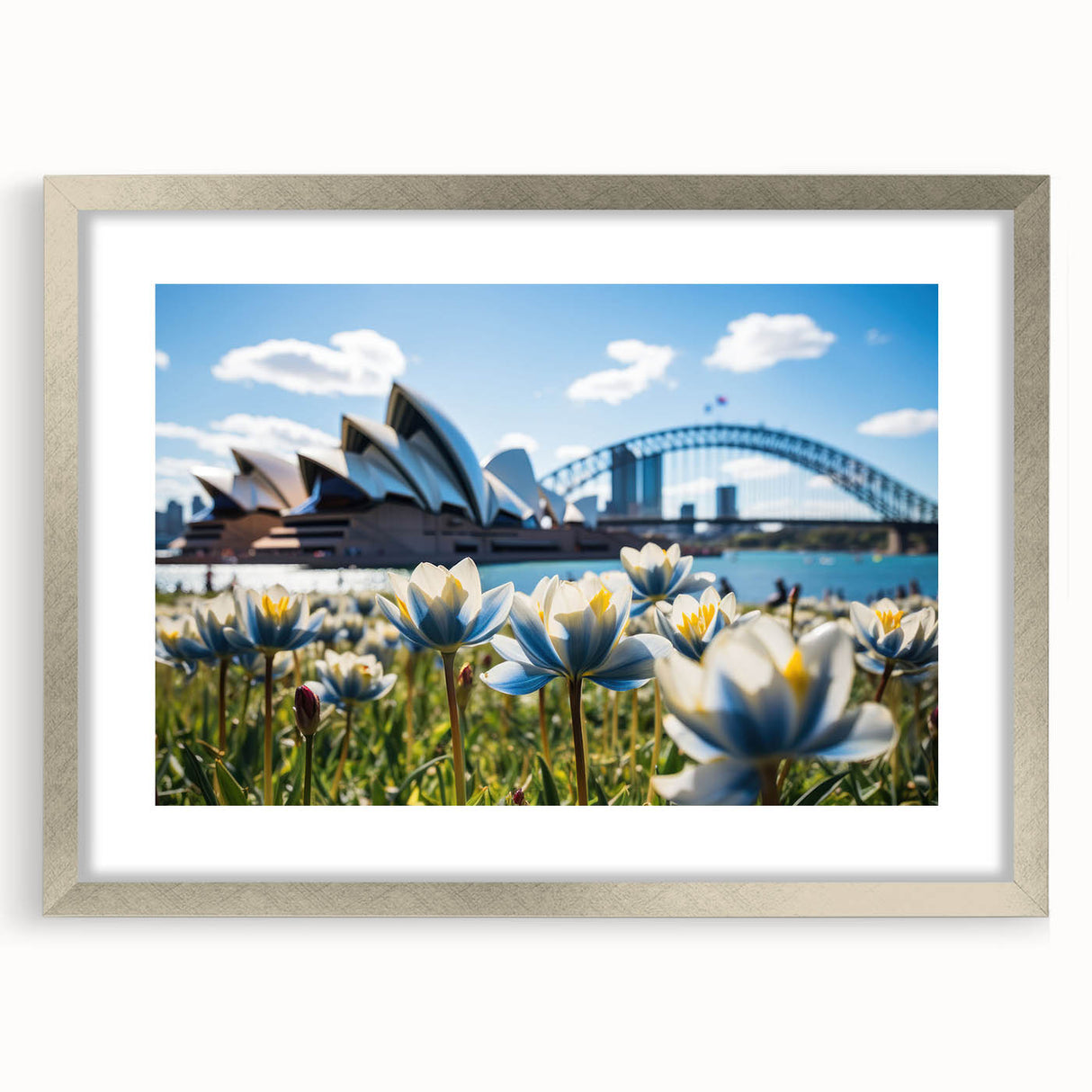 Extra large abstract art print of Sydney scenery in textured silver frame, ideal for living room decor.