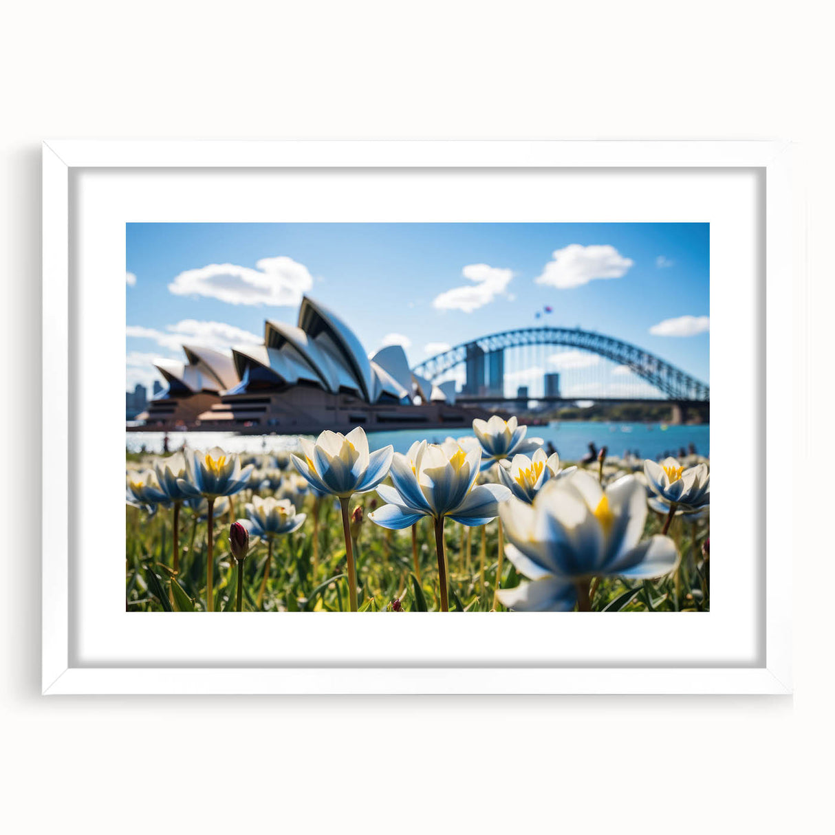 Textured abstract art print of Sydney scenery in muted blue and gray tones on a framed white mat, ideal for bedroom art.