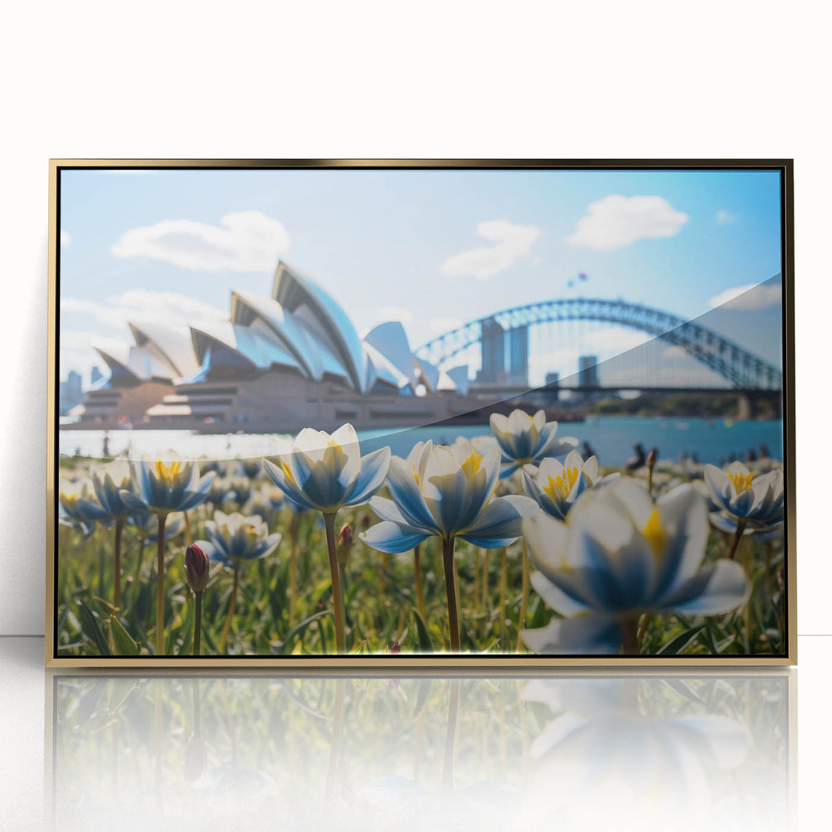 Art deco poster of Sydney skyline in gold and black hues on framed acrylic, suitable for modern art wall decor.