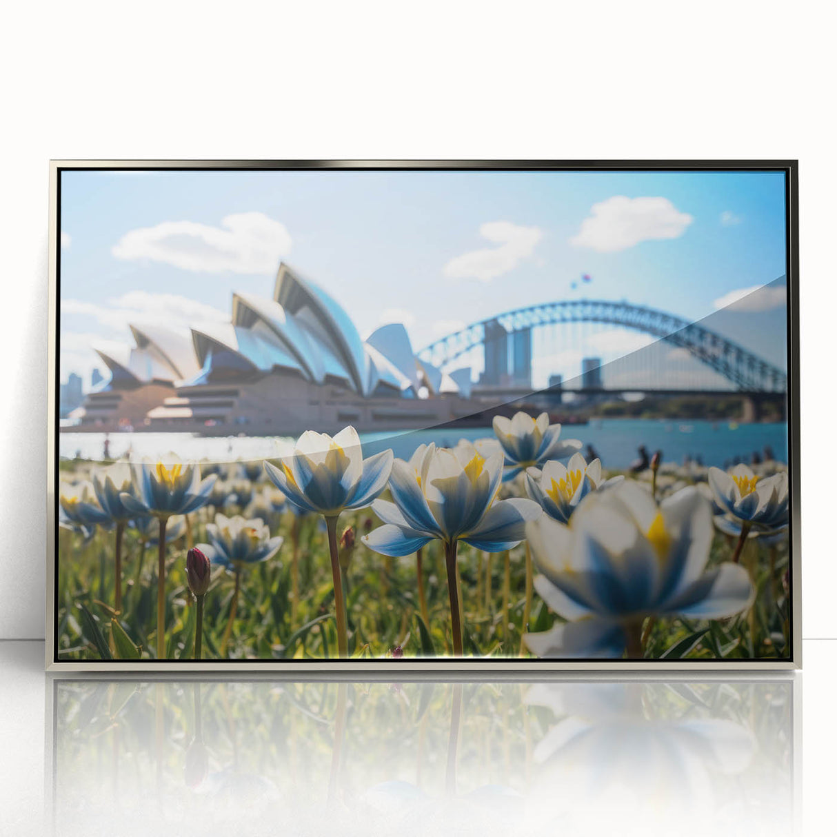 Mid-century modernist acrylic print of Sydney skyline in muted silver tones, suitable for modern art wall decor.