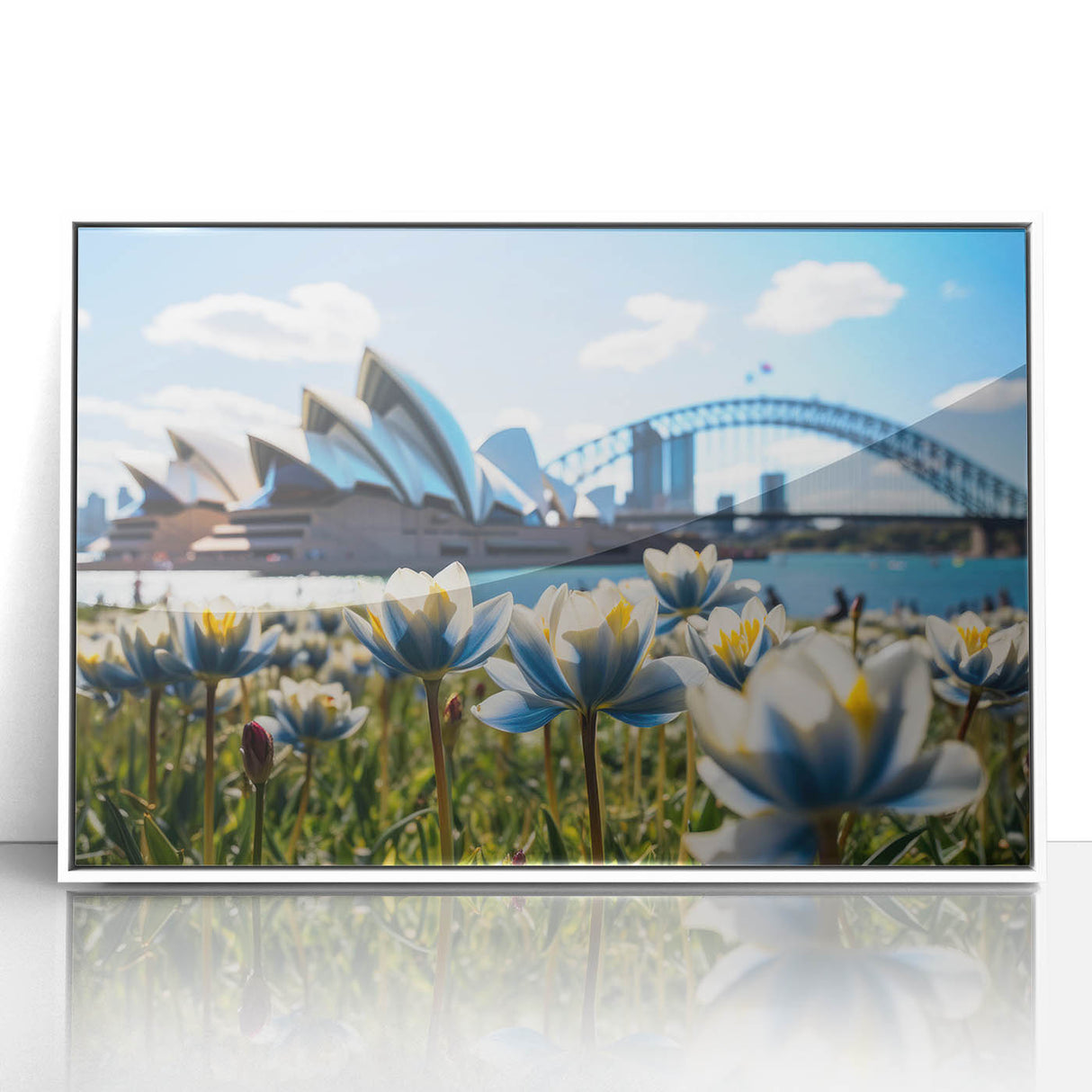 Mid-century modernist art depicting the Sydney skyline on a white-framed acrylic print, featuring soft pastel shades.