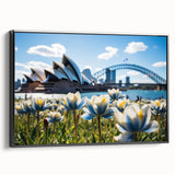 Black and white framed canvas of Sydney landscape, ideal for bedroom wall art.