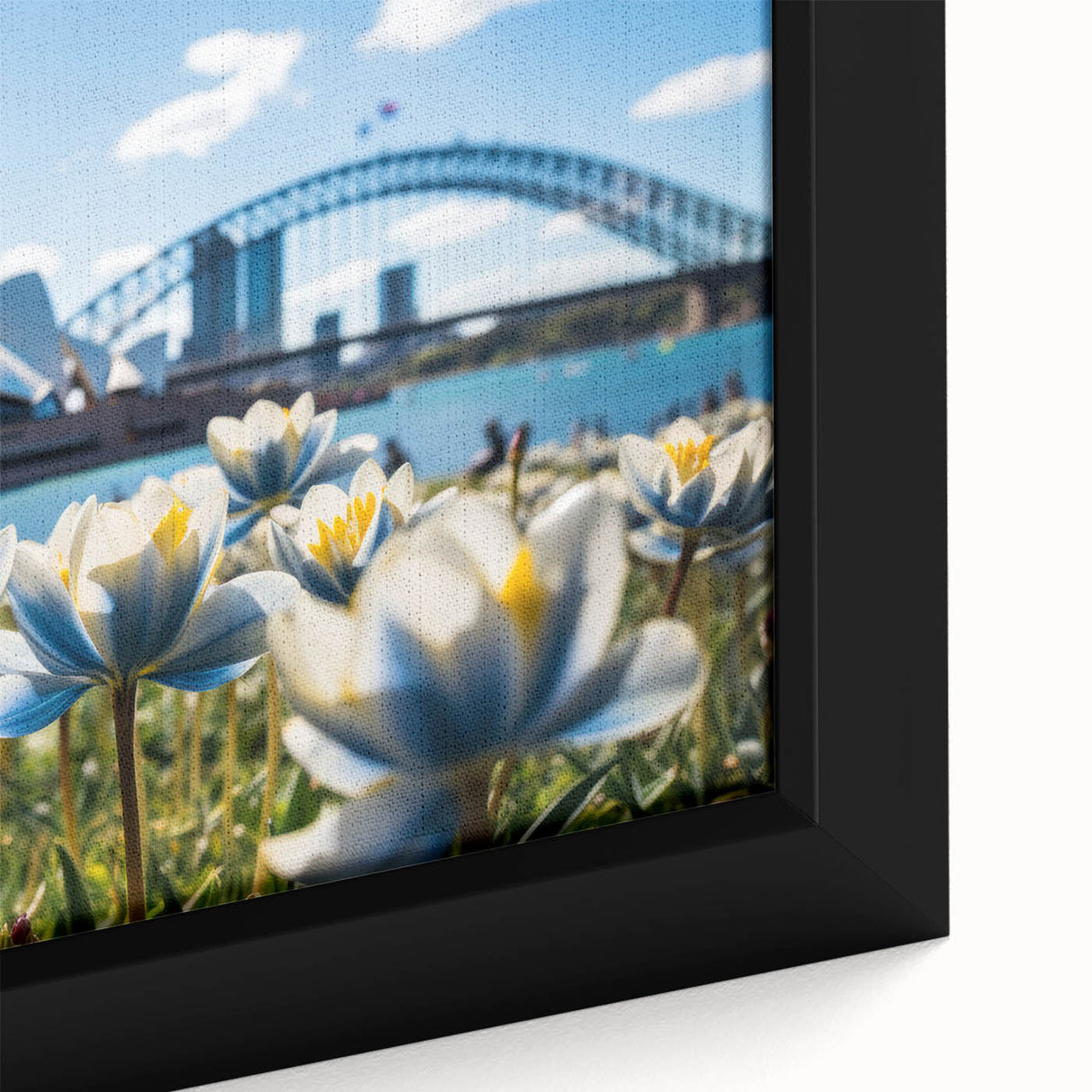 Close-up of a textured black wall art featuring the Sydney skyline, highlighted in colorful hues, on a large framed canvas.