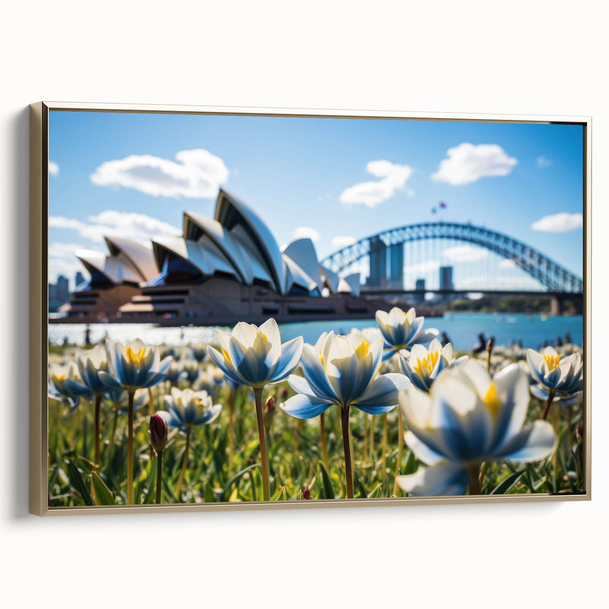 Framed canvas depicting the Sydney skyline in muted gold and black tones, suitable as wall art for a bedroom.