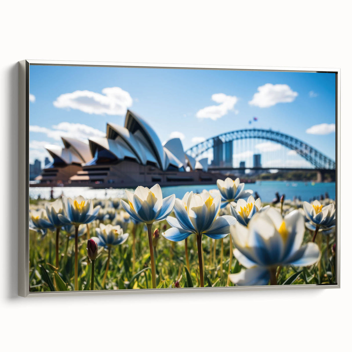 Framed canvas of Sydney landscape art in vintage poster style, featuring black and colorful hues, ideal for office decor.