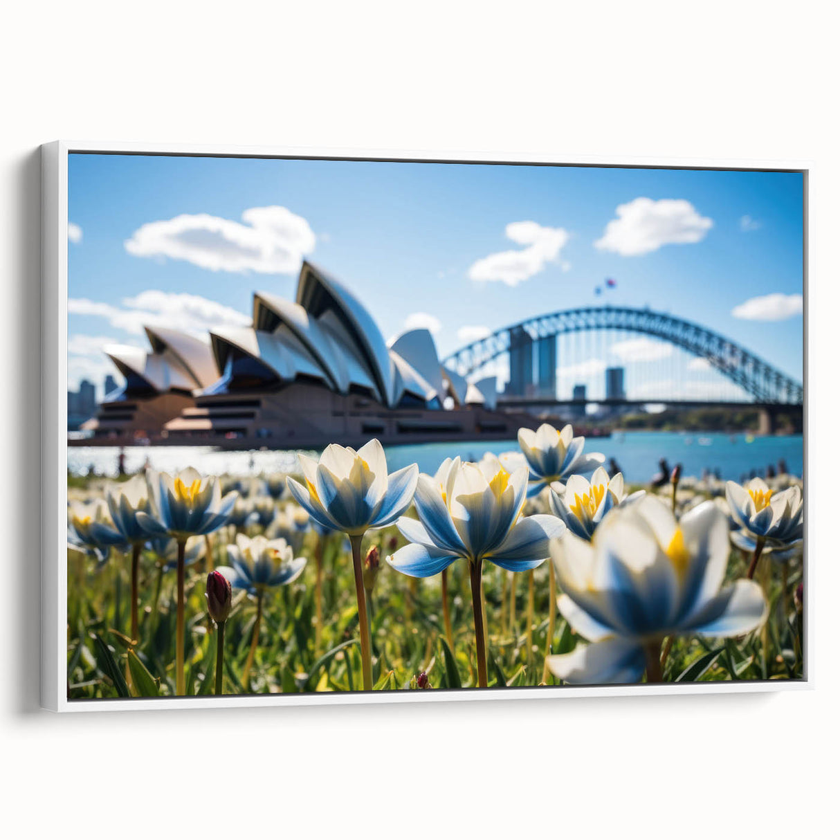 Vintage poster art of Sydney, featuring colorful skyline on extra large white framed canvas, ideal for living room decor.