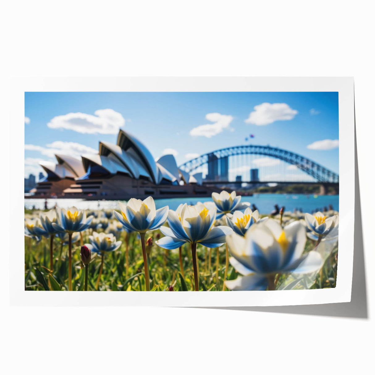 Sydney skyline in muted gray tones on a large rolled canvas, suitable for dining room wall art.